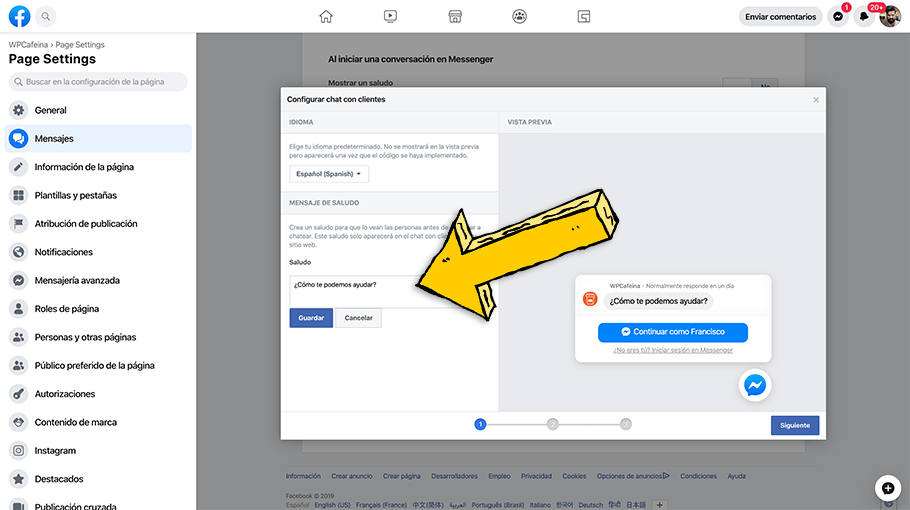 Mensaje de saludo del chat de Facebook para WordPress