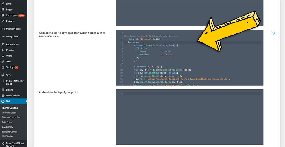 Pega el código en WordPress para agregar el chat